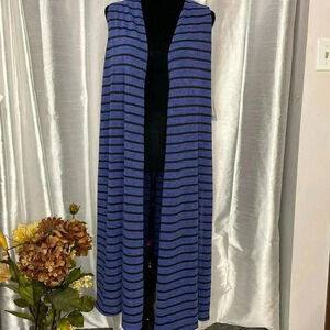 LuLaRoe Joy NWT Women’s M Black Striped High Slits Royal Blue Open Maxi Cardigan